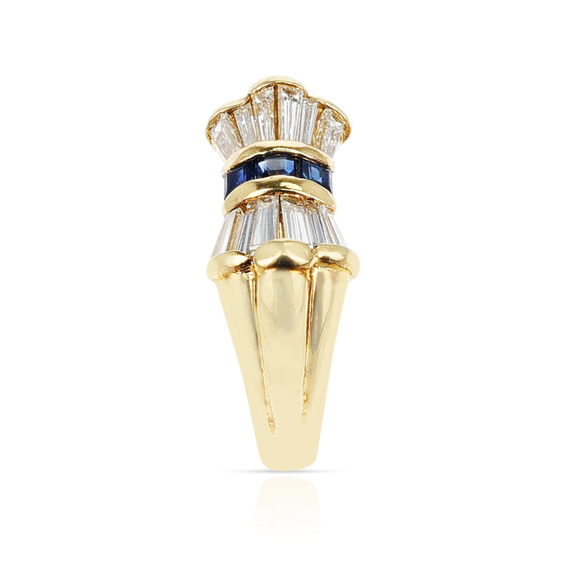 Diamond Baguettes and Square Cut Blue Sapphire Bow Ring, 18K