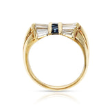 Diamond Baguettes and Square Cut Blue Sapphire Bow Ring, 18K