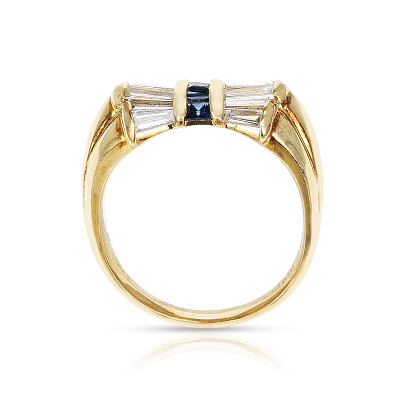 Diamond Baguettes and Square Cut Blue Sapphire Bow Ring, 18K