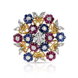 Floral Ruby, Sapphire and Diamond Brooch in 18K Yellow and White Gold
