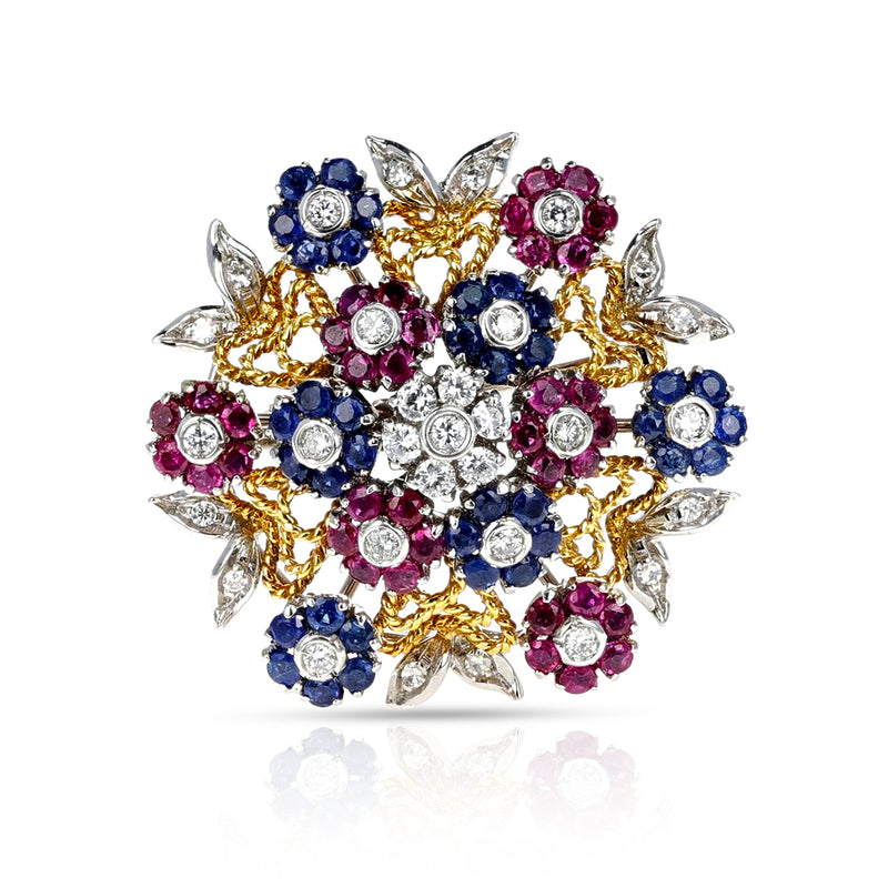 Floral Ruby, Sapphire and Diamond Brooch in 18K Yellow and White Gold
