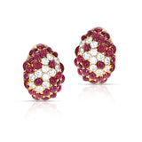 17 ct. Ruby Cabochon and 4 ct. Round Diamond Cluster Earrings, 18K