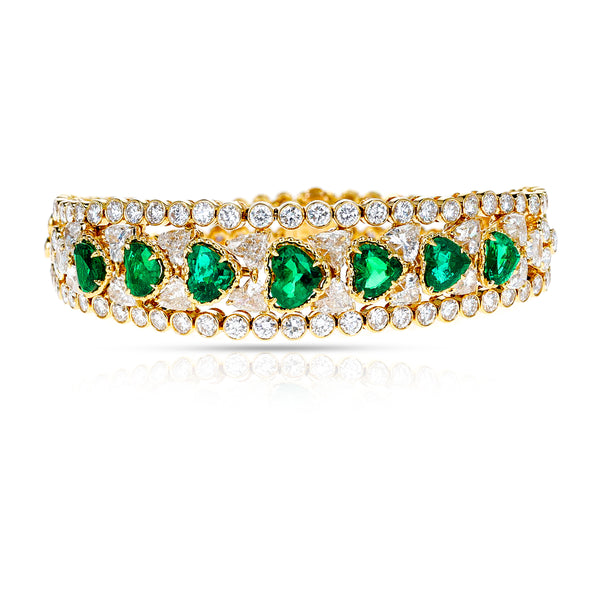 Heart Shape Emeralds and Diamonds Bracelet