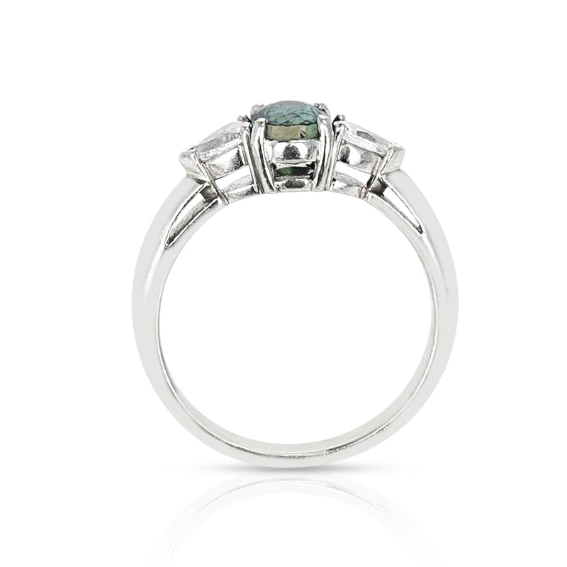 0.88 ct. Oval Alexandrite with 0.50 ct. Pear Shape Diamond Three Stone Ring, PT