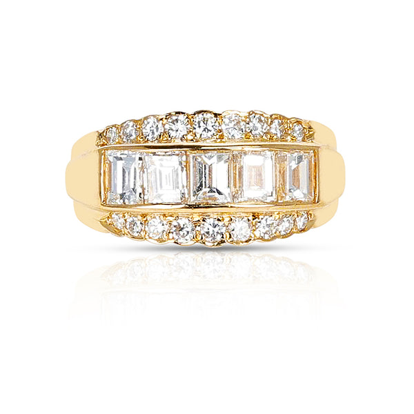 Five Rectangular Cut Diamond Band with Two Rows of Round Diamonds, 18K