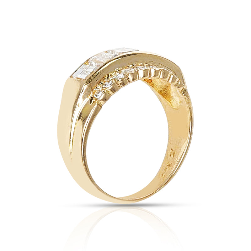 Five Rectangular Cut Diamond Band with Two Rows of Round Diamonds, 18K