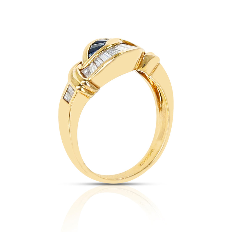 Sapphire and Diamond Baguette Double Swerve Ring, 18K