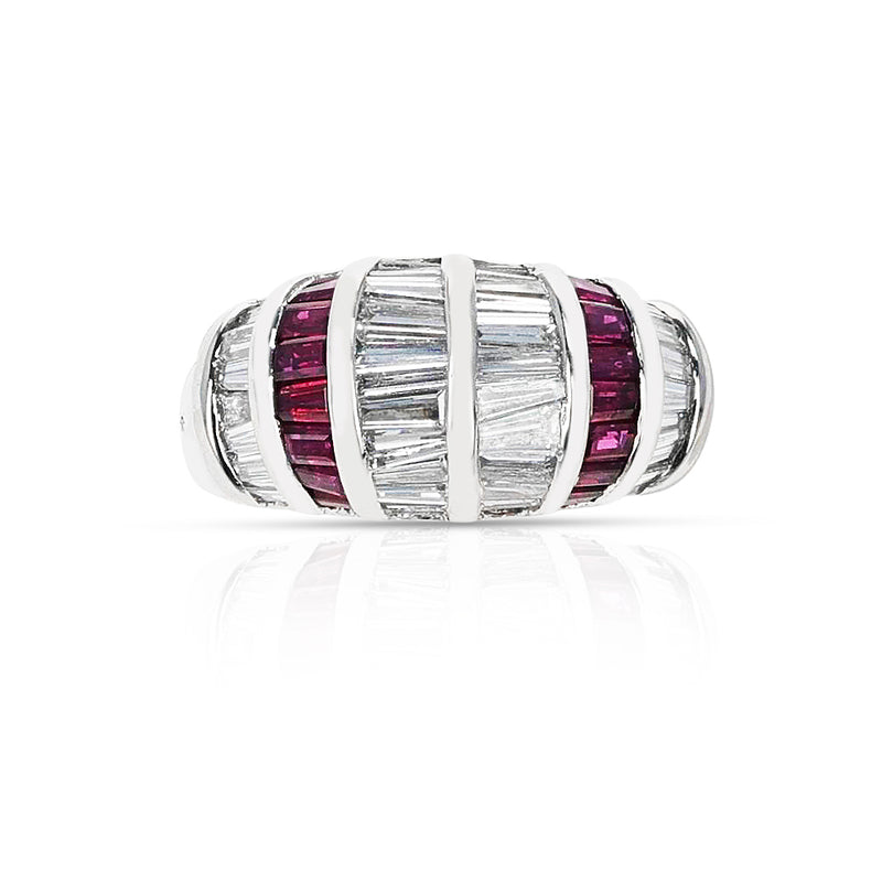 1.61 cts. Diamond Baguettes and 1.08 cts. Rectangular Ruby Ring, Platinum