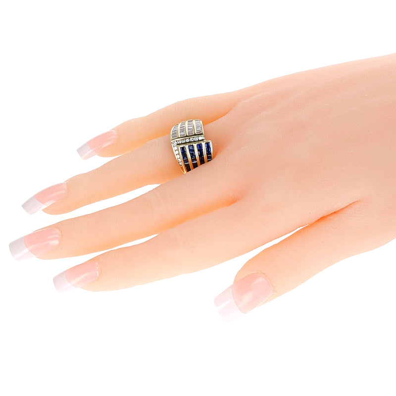 Baguette and Round Diamonds with Square-Cut Sapphire Cocktail Ring, 18K