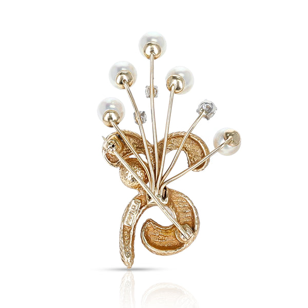 Cultured Pearl and Yellow Gold with Diamond Brooch