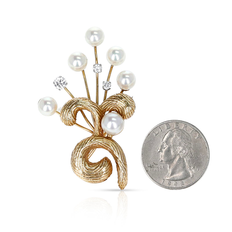 Cultured Pearl and Yellow Gold with Diamond Brooch