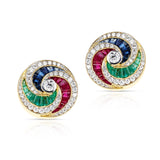Ruby, Emerald, Sapphire and Diamond Swirl Earrings, 18K