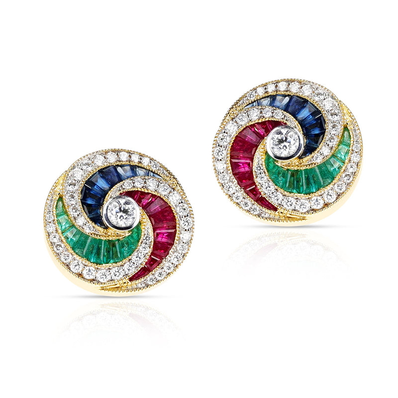 Ruby, Emerald, Sapphire and Diamond Pinwheel Earrings, 18K