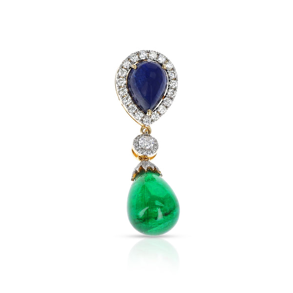 Pear Shape Sapphire and Emerald Drop Pendant with Diamonds, 18K