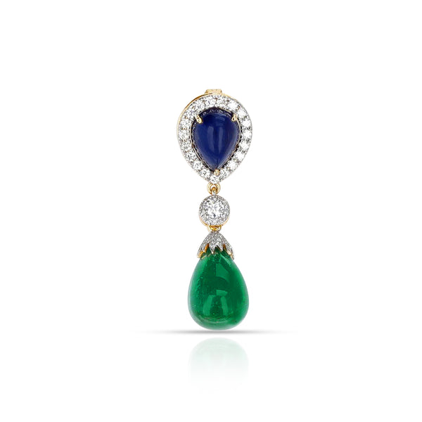 Pear Shape Sapphire and Emerald Drop Pendant with Diamonds, 18K