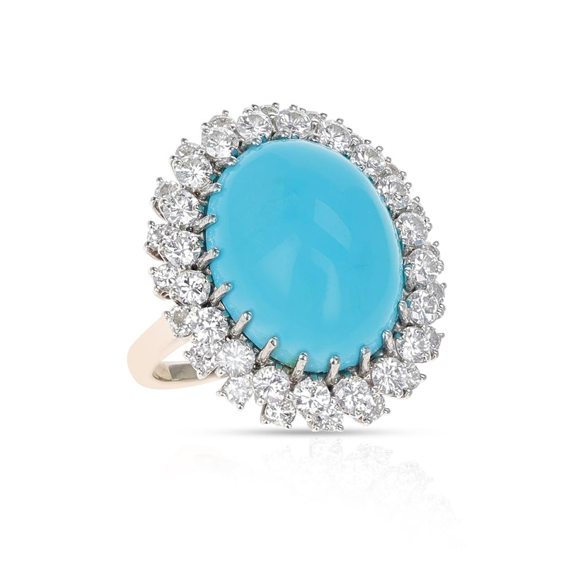 Turquoise Cabochon Ring accented with 1.60 ct. Round Diamonds, French Marks