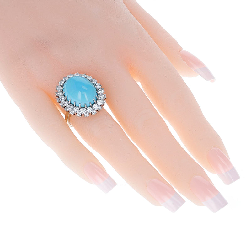 Turquoise Cabochon Ring accented with 1.60 ct. Round Diamonds, French Marks