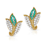 Round Diamonds and Emeralds Three Leaf Design Earrings, 18K and Platinum