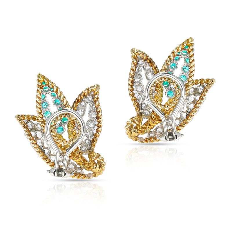 Round Diamonds and Emeralds Three Leaf Design Earrings, 18K and Platinum