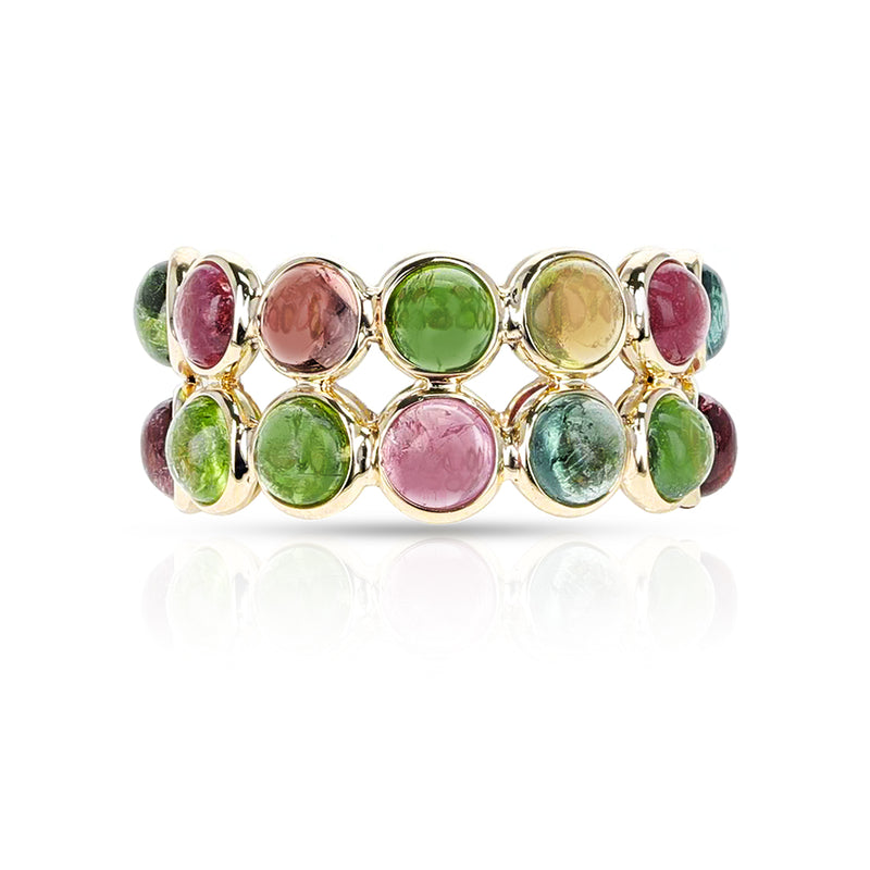 Double Line Round Tourmaline Cabochon Band, Yellow Gold