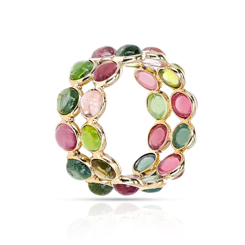 Double Line Round Tourmaline Cabochon Band, Yellow Gold