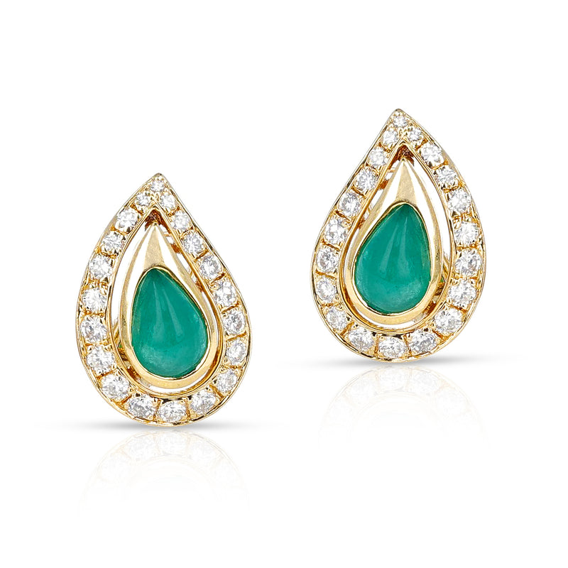 Cartier Pear Shape Emerald with Round Diamond Earrings, 18 Karat Gold