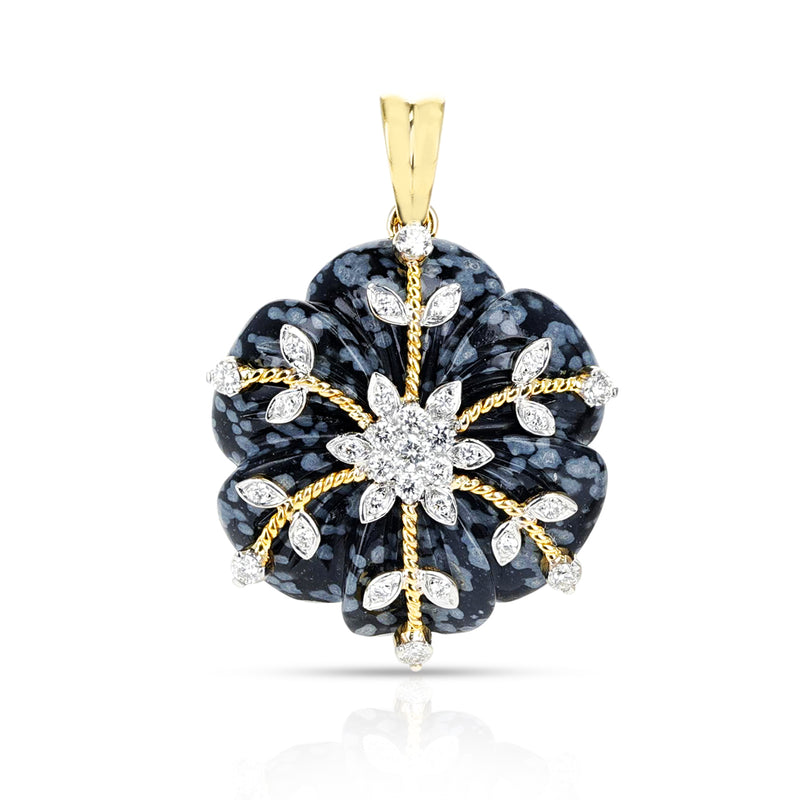 Snowflake Obsidian Carved Floral Pendant with 14k Gold and Diamonds