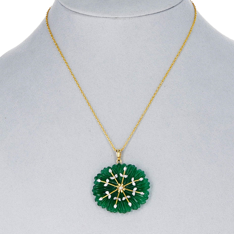 Carved Floral Jade Pendant with Diamonds, 14K