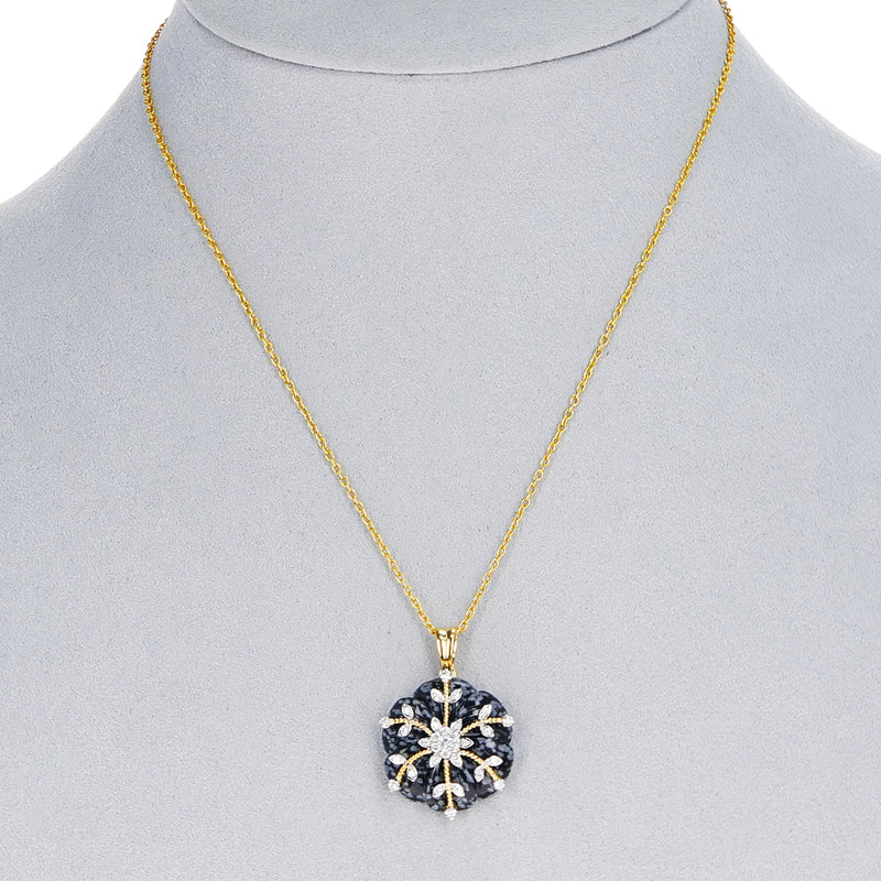 Snowflake Obsidian Carved Floral Pendant with 14k Gold and Diamonds