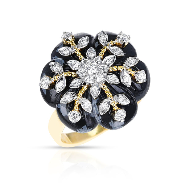 Carved Snowflake Obsidian Ring with Diamonds, 14k