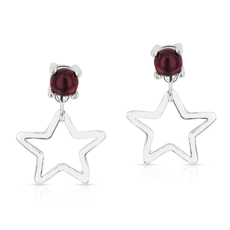 Genuine Garnet Star Dangling Earrings in Sterling Silver