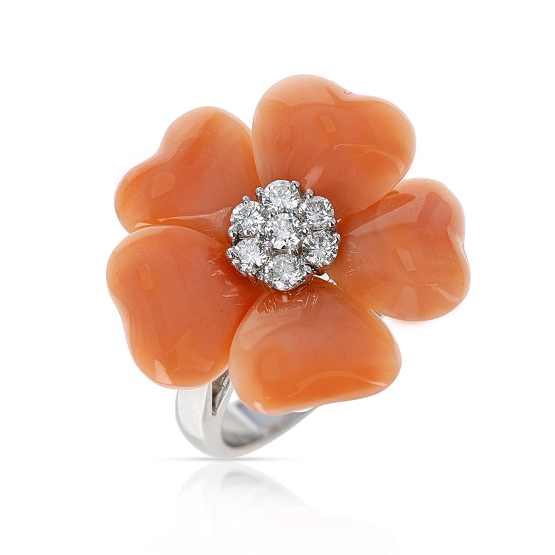 Floral Coral Ring with 0.27 ct. Diamonds, 18K White Gold