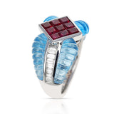 Carved Blue Topaz Ring with 1.40 ct. Ruby set with 0.46 cts. Diamonds, 18k Gold