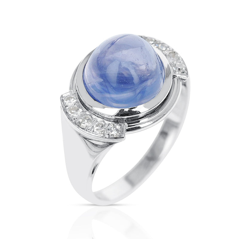12 ct. Unheated Ceylon Sapphire Cabochon Ring with Diamonds, Paperwork Incl.