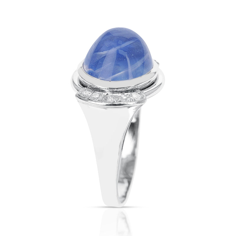 12 ct. Unheated Ceylon Sapphire Cabochon Ring with Diamonds, Paperwork Incl.