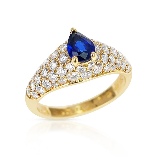 French Cartier Pear Shape Blue Sapphire Ring with Diamonds, 18 Karat Yellow Gold