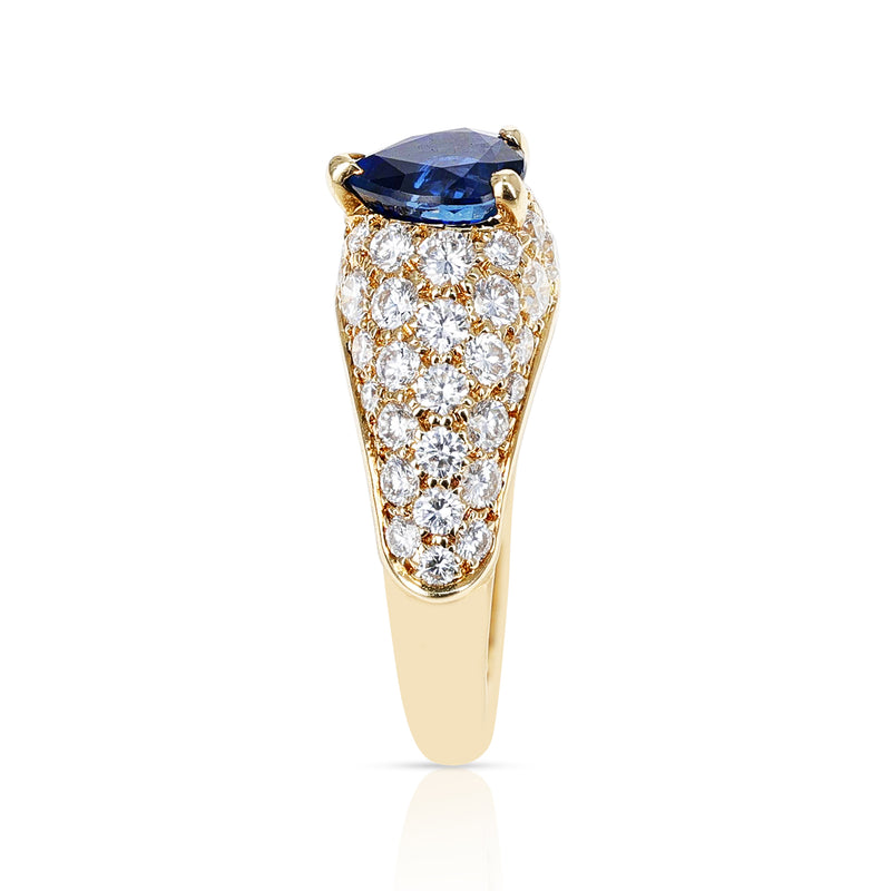 French Cartier Pear Shape Blue Sapphire Ring with Diamonds 18