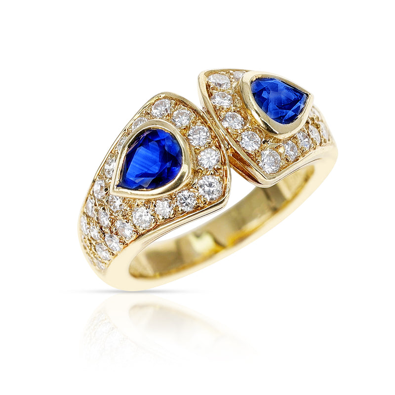 Van Cleef & Arpels Double Pear Shape Sapphire and Diamond Ring, 18K Yellow Gold