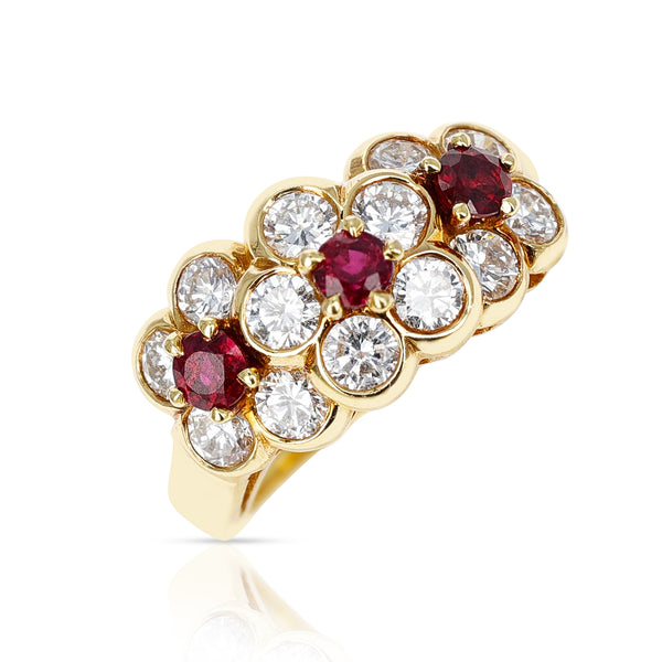 Van Cleef & Arpels Tri-Floral Ruby and Diamond Ring, 18k Yellow Gold
