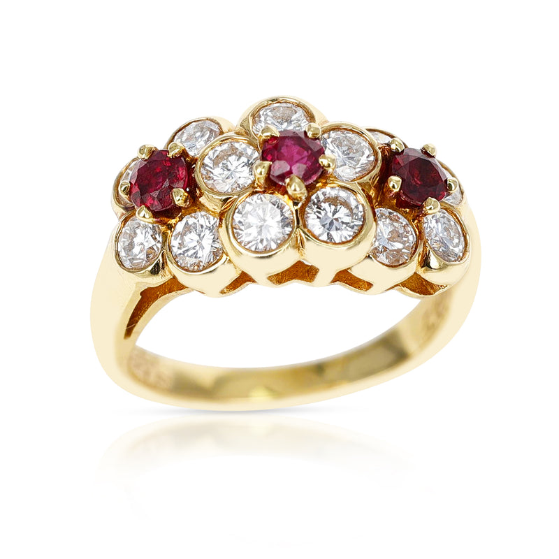 Van Cleef & Arpels Tri-Floral Ruby and Diamond Ring, 18k Yellow Gold