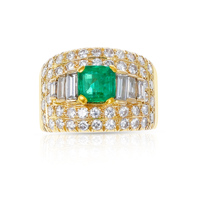 Square-Cut Emerald with 2 ct. Diamond Wide Band Cocktail Ring, 18K Yellow Gold