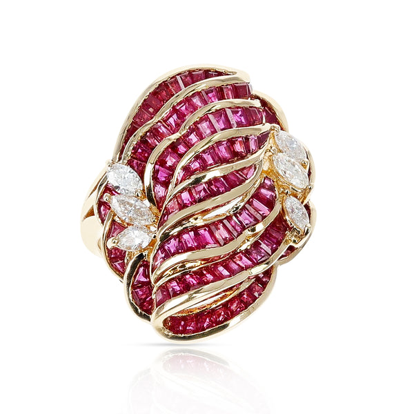 Invisibly Set 8 Row Ruby Flower-Cut Cocktail Ring with Marquise Diamonds, 18K