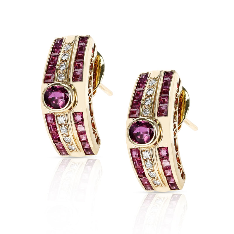 Oval Ruby and Invisibly Set Square Ruby and Round Diamond Earrings, 18K Gold