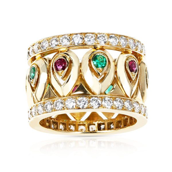 French Cartier Ruby and Emerald with Double Diamond Border Band, 18K with Certificate