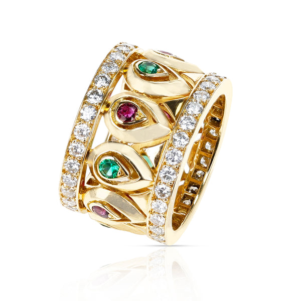French Cartier Ruby and Emerald with Double Diamond Border Band, 18K with Certificate
