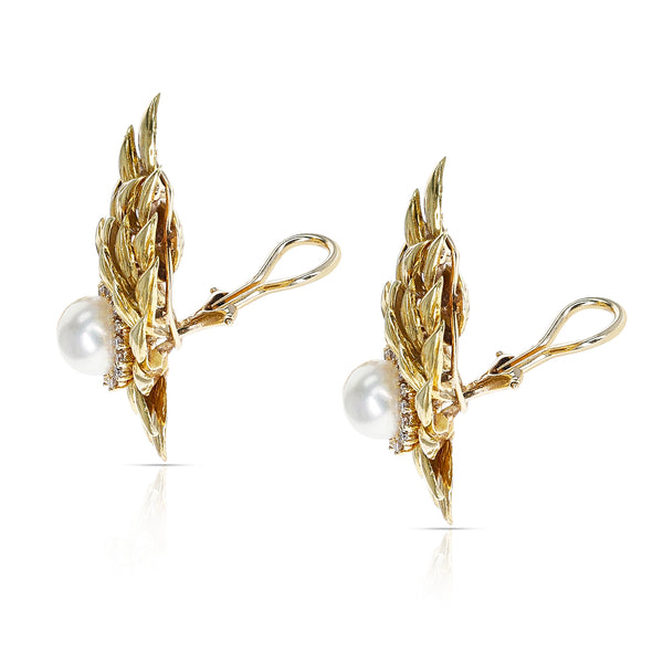 8MM Cultured Pearl Earrings with a Diamond Halo in 18K Gold Leaf-Style Design