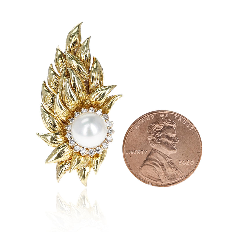 8MM Cultured Pearl Earrings with a Diamond Halo in 18K Gold Leaf-Style Design