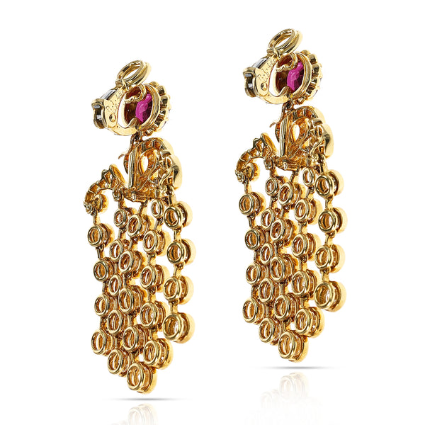 French Alexandre Reza Ruby and Diamond Cocktail Dangling Earrings, 18K Gold