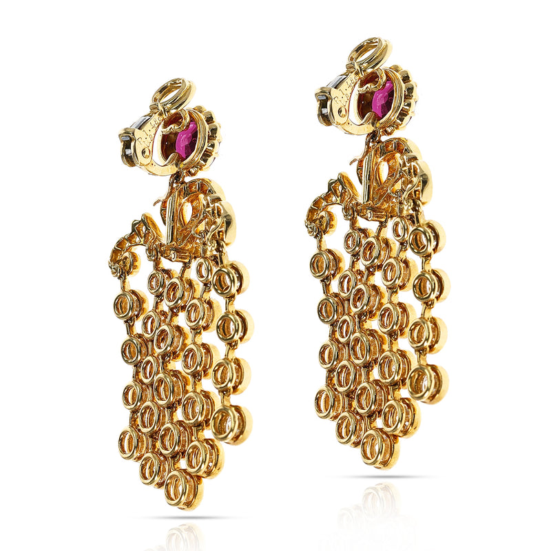 French Alexandre Reza Ruby and Diamond Cocktail Dangling Earrings, 18K Gold