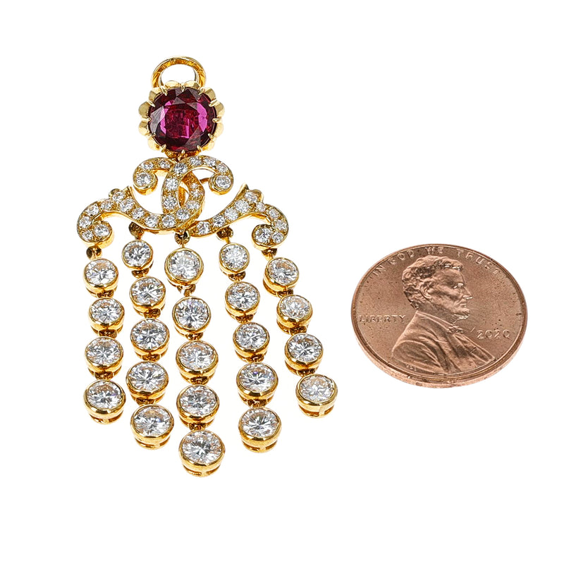 French Alexandre Reza Ruby and Diamond Cocktail Dangling Earrings, 18K Gold